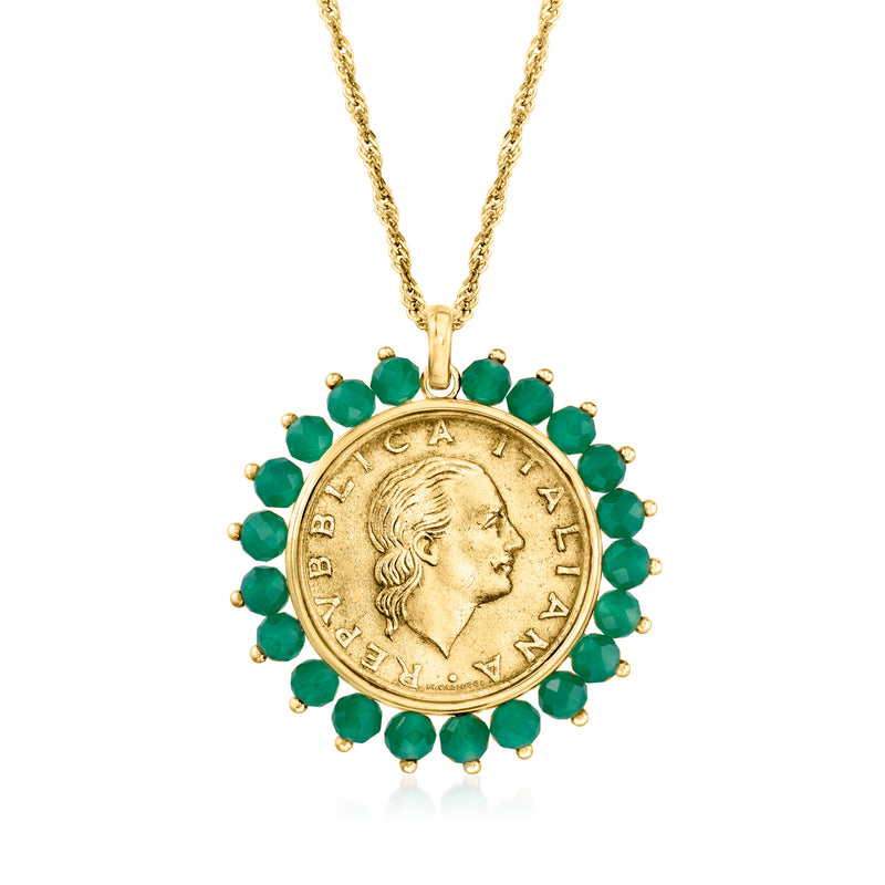 18kt gold-plated coin medallion pendant necklace with green agate halo