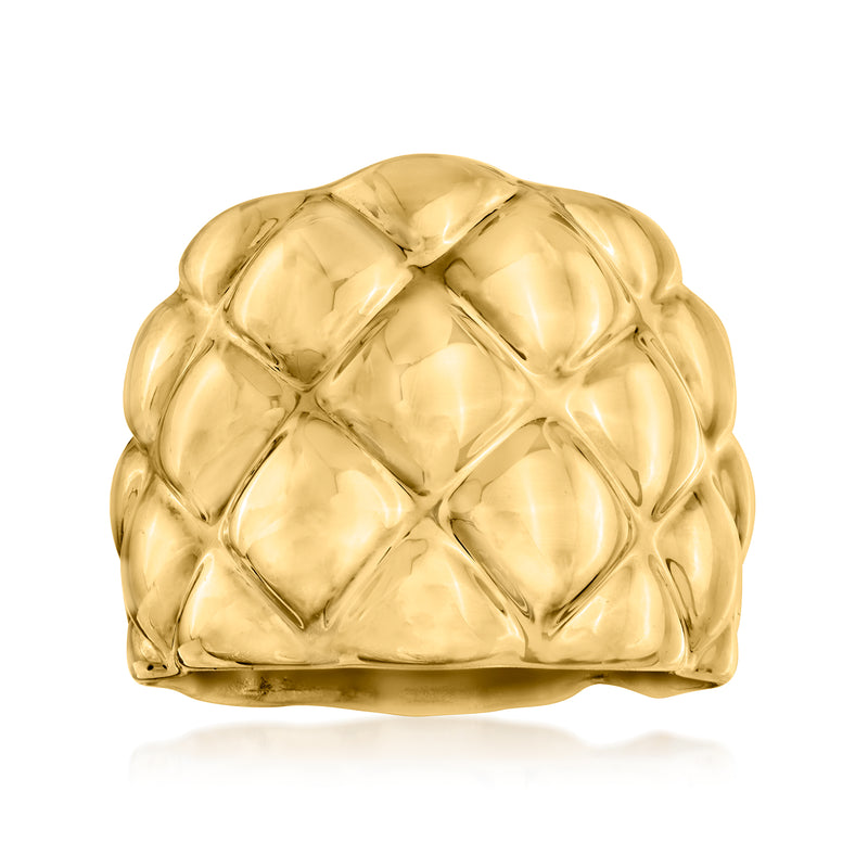 Puffed scale-pattern gold ring with wide rounded top and yellow gold finish