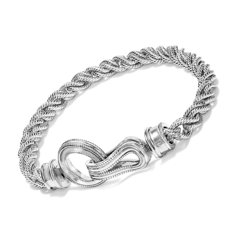 Sterling silver rope bracelet with decorative knot clasp and interlocking oval links