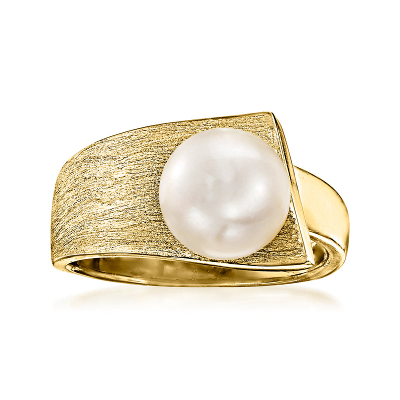 Gold-tone textured ring with round white pearl, openwork side setting