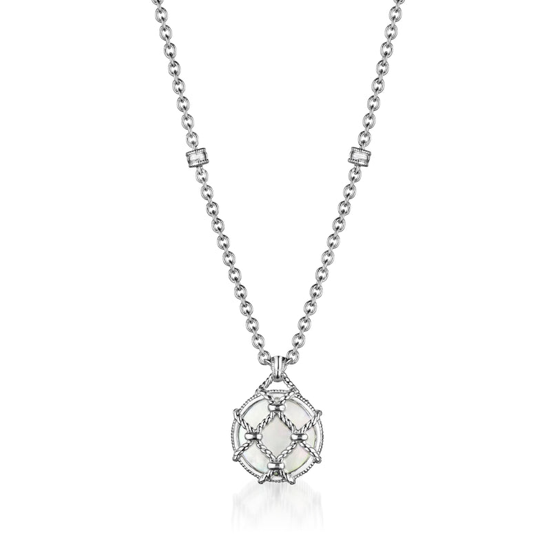 Sterling silver mother-of-pearl pendant necklace with round filigree charm