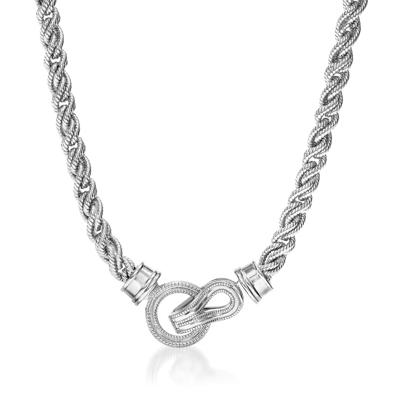 Judith Ripka sterling silver rope necklace with braided knot centerpiece
