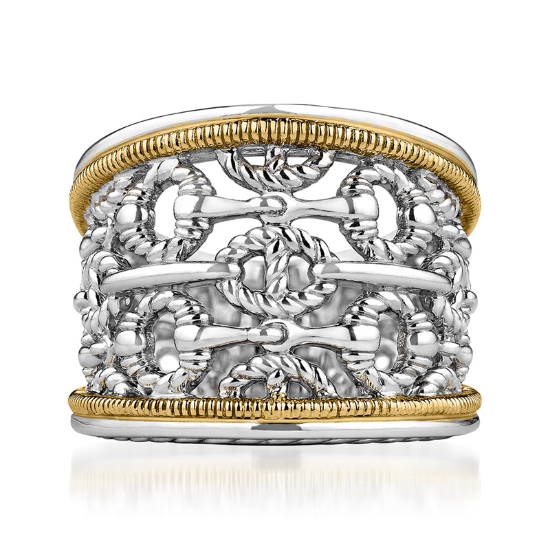 Sterling silver ring with textured rope edge and 18kt yellow gold trim, ornate crown design