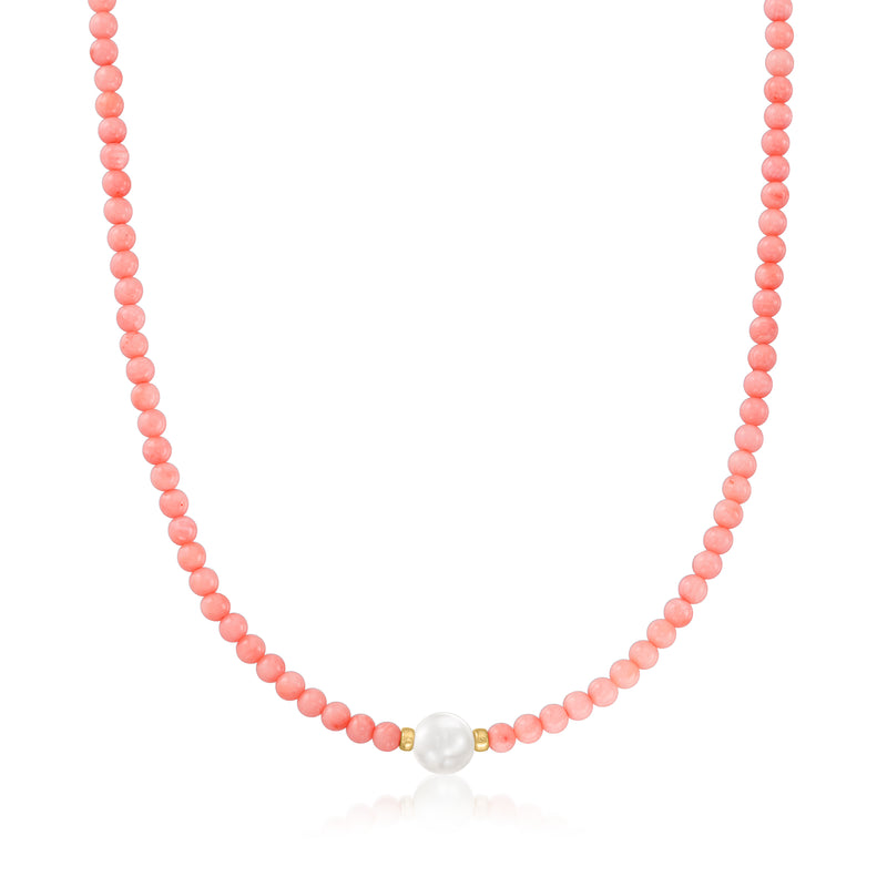 Pink coral bead necklace with cultured pearl centerpiece and 18kt gold clasp
