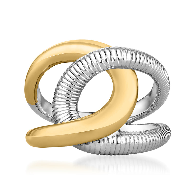 Sterling silver and 18kt yellow gold twisted embrace ring, ribbed bands