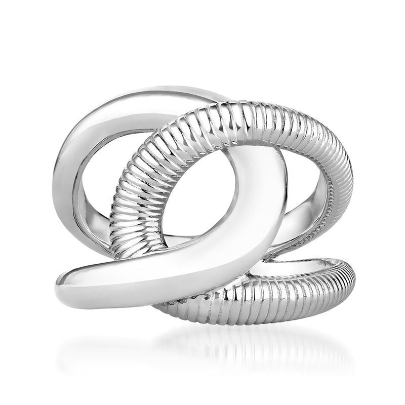 Sterling silver embrace ring with ribbed oval center and intertwined bands