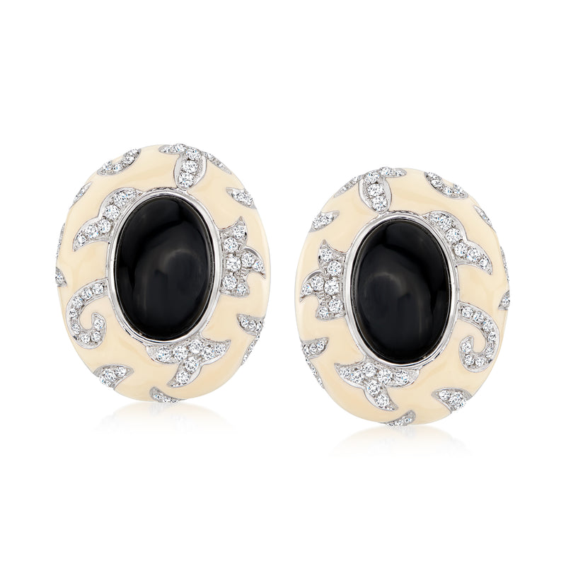 Vintage onyx and diamond bezel stud earrings, cream enamel with black oval center