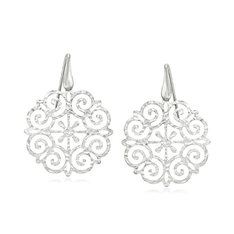 Sterling silver filigree drop earrings with circular swirl pattern and earwire