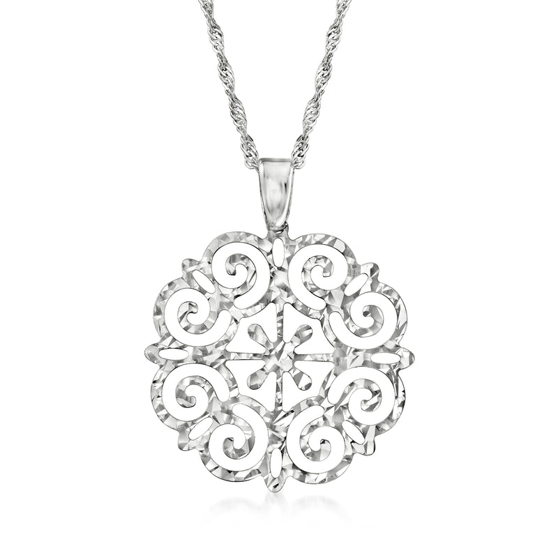 Sterling silver filigree medallion pendant necklace with round scrollwork medallion