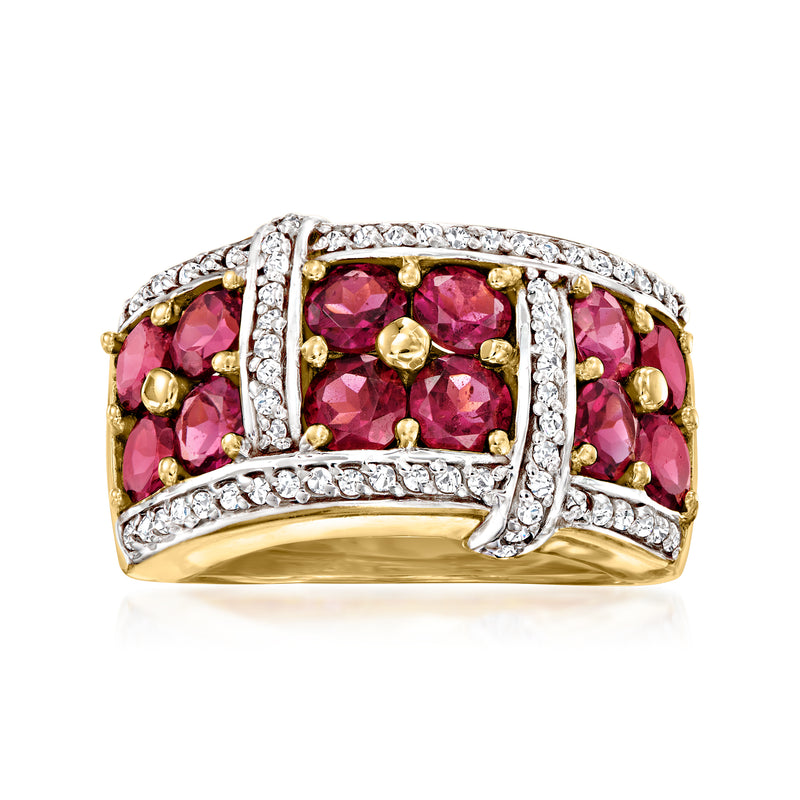 Gold-tone ring with pink rhodolite-style gemstone cluster and white zircon accents