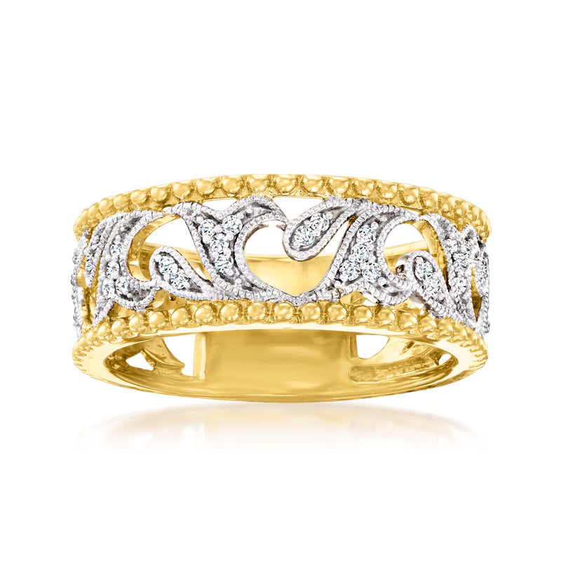 Gold over sterling diamond openwork ring with milgrain edge and round cut stones