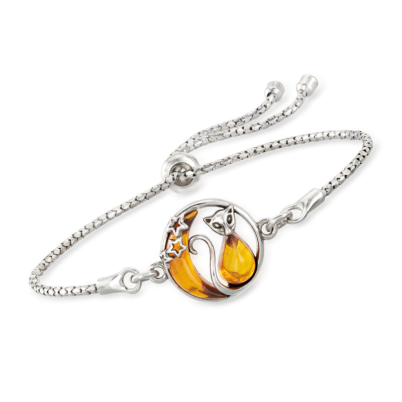 Sterling silver bolo bracelet with cat-and-crescent moon charm and amber cabochon