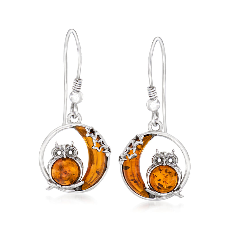 Sterling silver drop earrings, amber cabochon owl on crescent moon with star details