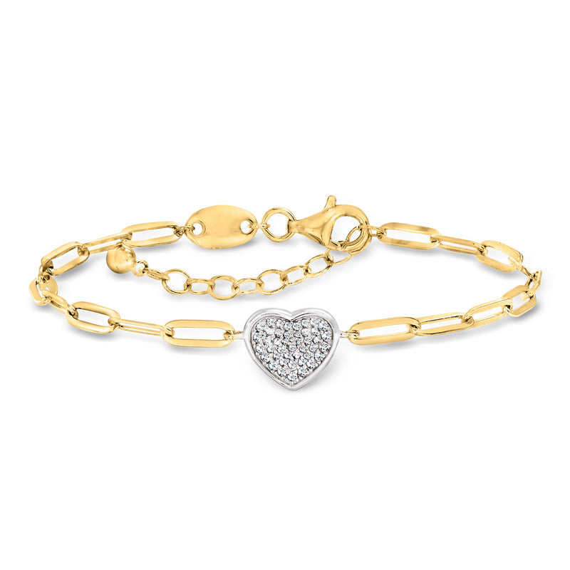 Gold over sterling heart CZ link bracelet with round chain and heart charm