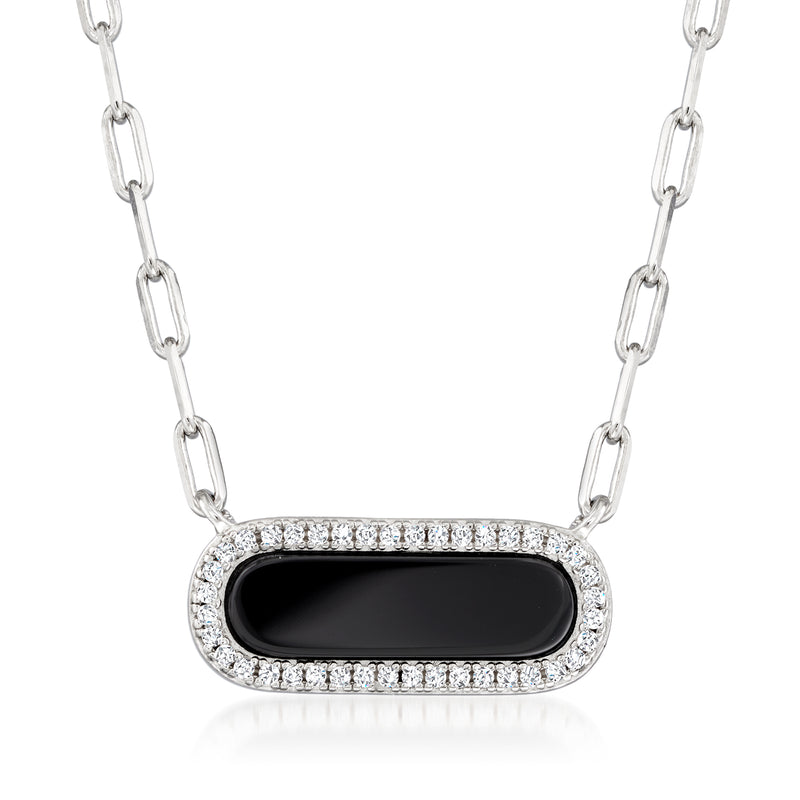 Sterling silver paper clip link necklace with black oval agate pendant and CZ trim