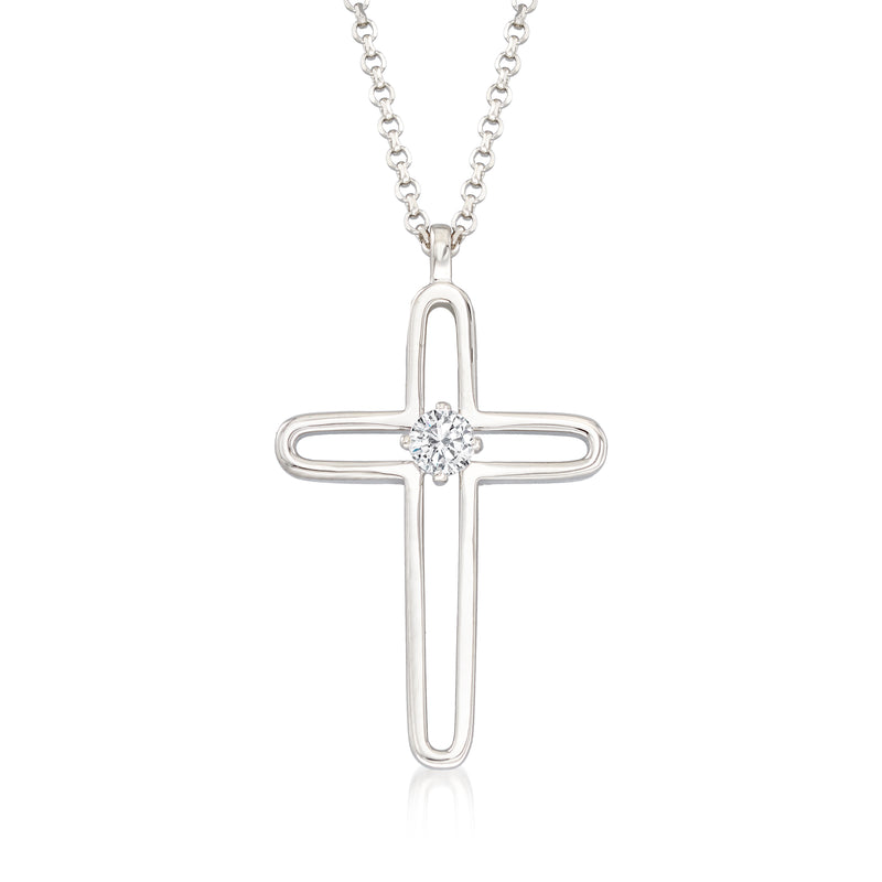 Sterling silver cross pendant necklace with open-space frame and round CZ center stone