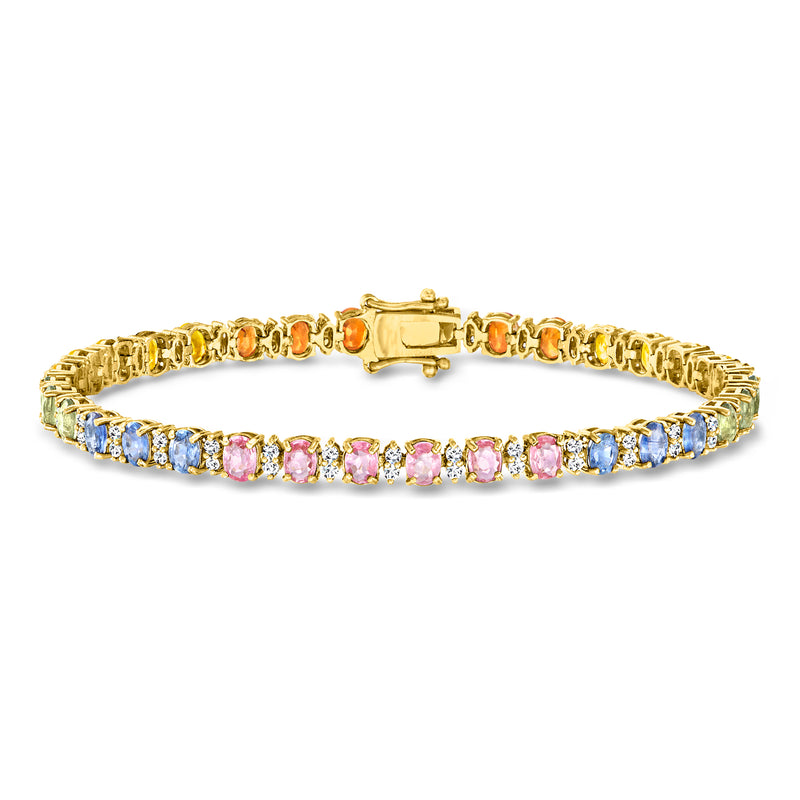 Yellow gold tennis bracelet with multicolored sapphire stones and gold clasp
