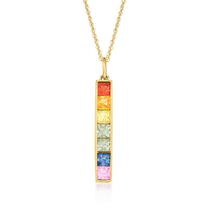 14kt yellow gold bar pendant necklace with multicolored sapphire rectangle stones