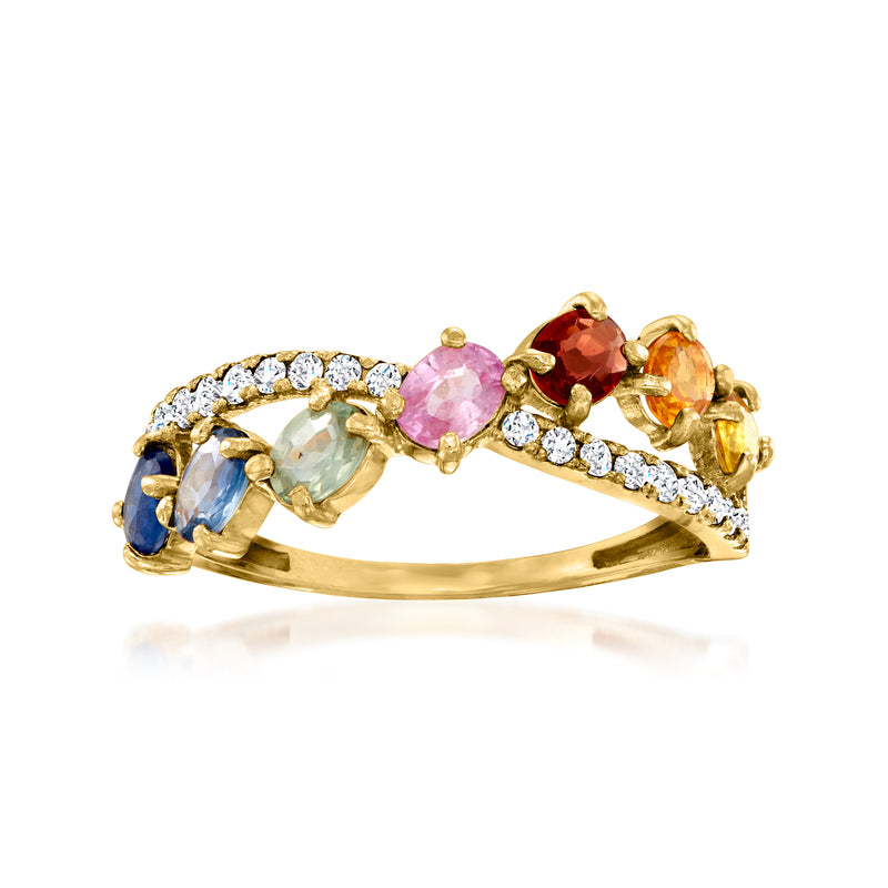 14kt yellow gold crisscross ring with blue, pink, orange sapphires and diamond accents