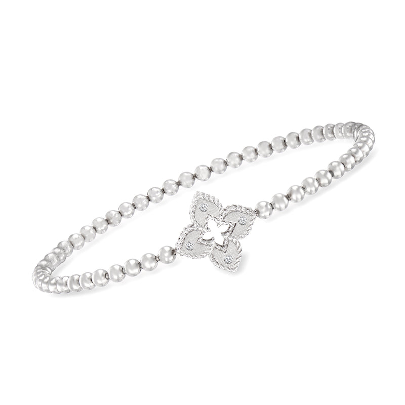 White gold bead stretch bracelet with two angel charms and diamond accents
