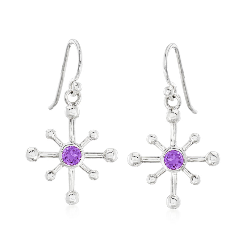 Sterling silver amethyst cross drop earrings with round purple center and satellite beaded accents