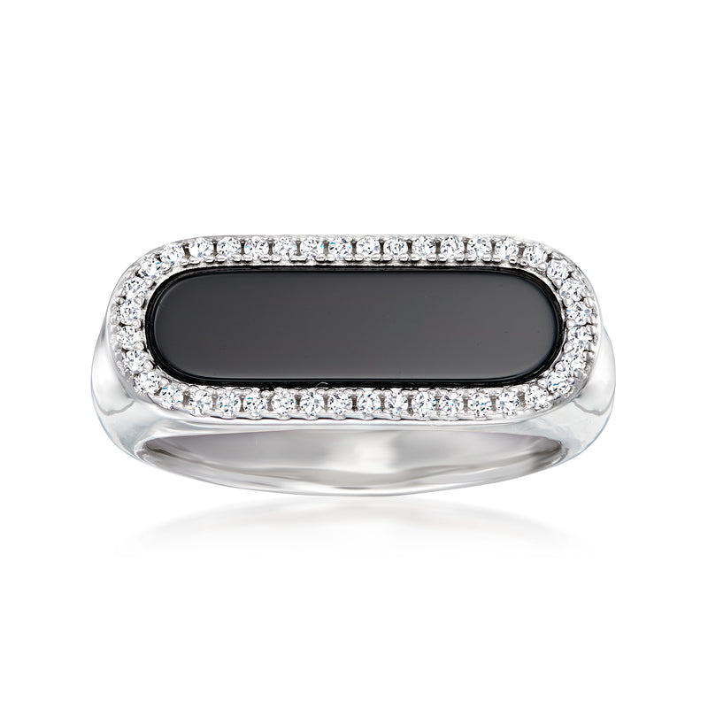 Sterling silver oval black agate-style ring with clear CZ halo, .20 ct t.w.