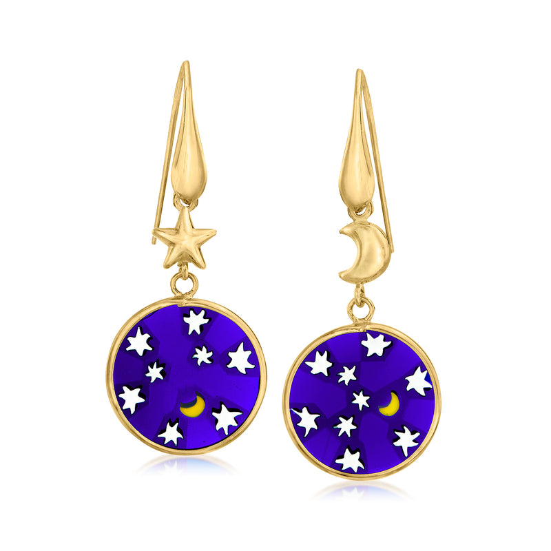 Gold over sterling drop earrings with blue moon-and-stars glass discs, star and crescent charms