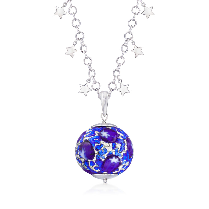 Sterling silver station necklace with blue Murano glass bead and star charms