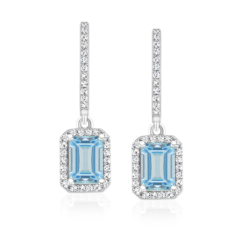 Sterling silver hoop drop earrings with square aquamarine and diamond halo
