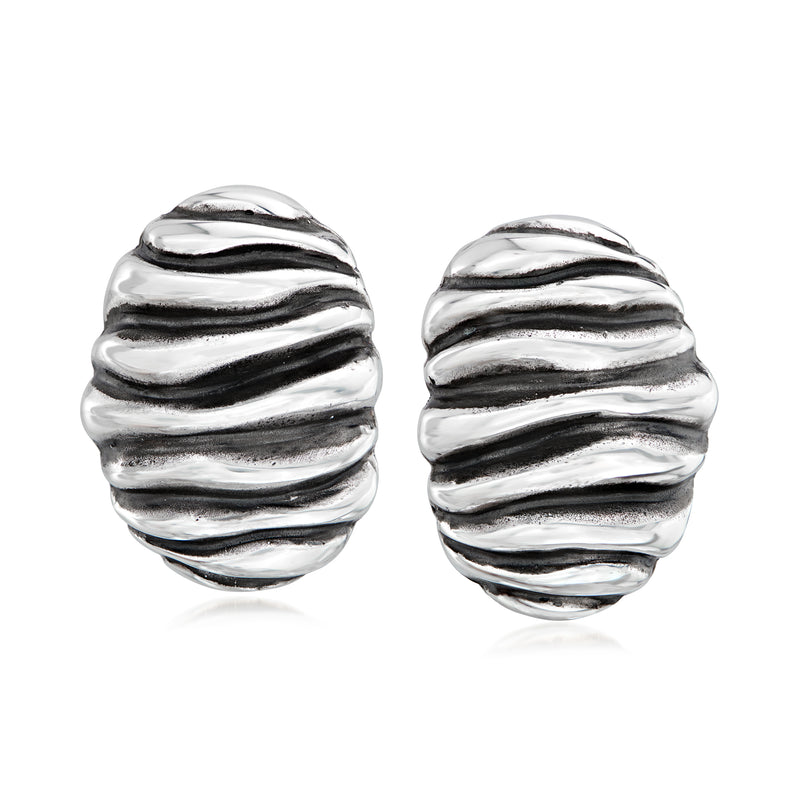 Sterling silver wave button clip-on earrings with rounded ridged swirl design
