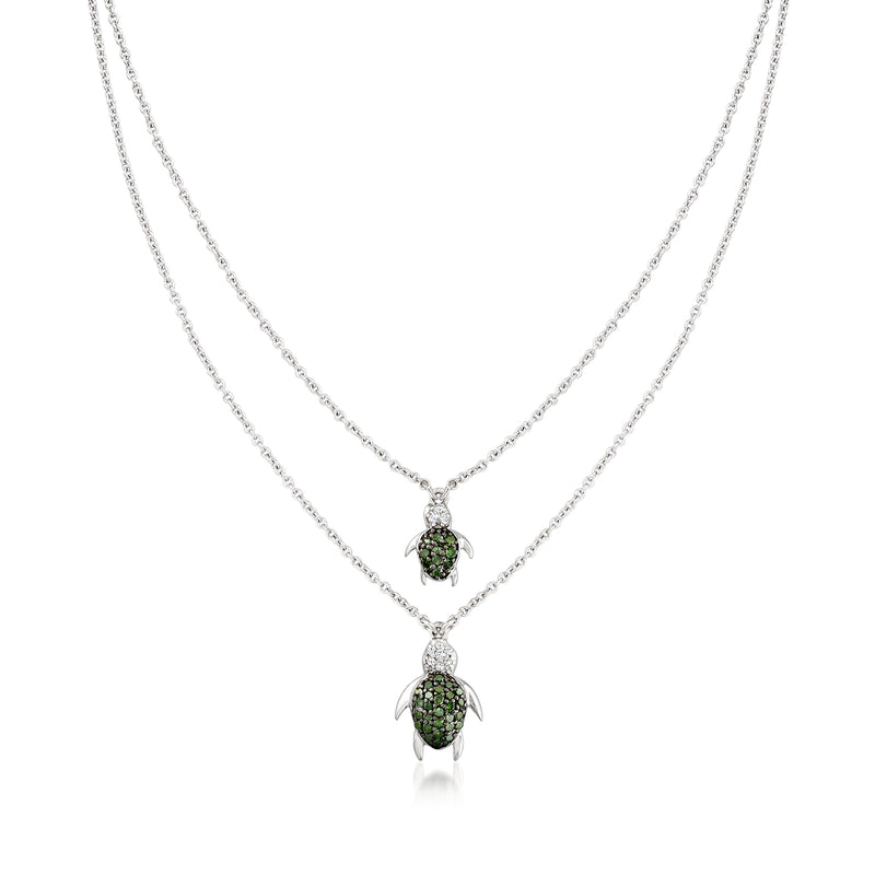 Sterling silver turtle two-layer pendant necklace with green diamond and white accents
