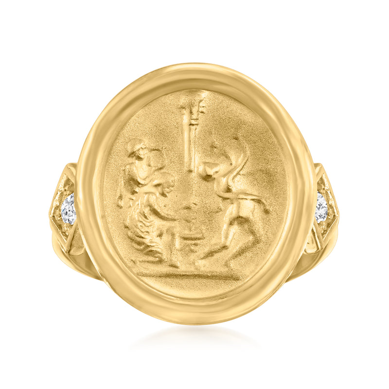 Gold cameo-style oval ring with carved relief figures and diamond side accents