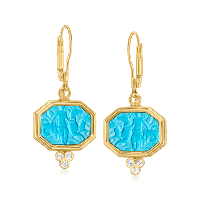 Gold leverback drop earrings with blue octagonal cameo and three diamond-like accents