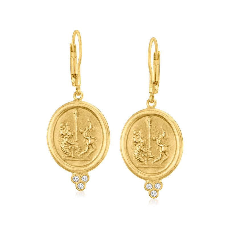Gold-tone leverback drop earrings, round cameo medallion with animal motifs and diamond accents