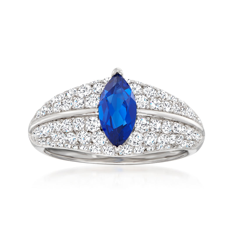 Sterling silver ring with marquise blue simulated sapphire and CZ accents