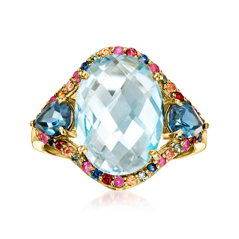 Gold over sterling silver ring with oval light blue topaz and multicolor sapphire accents