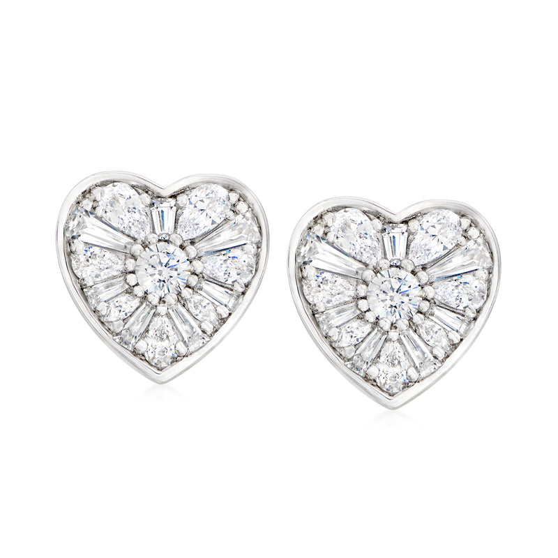 Sterling silver heart CZ stud earrings with clear crystal halo