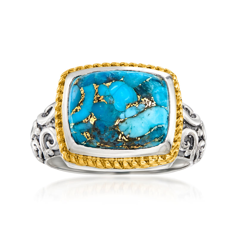 Turquoise stone ring with square bezel, sterling silver and 18kt gold trim
