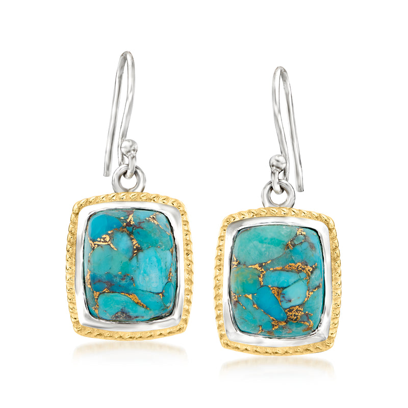 Two-tone sterling silver drop earrings with turquoise square stone and earwire hooks