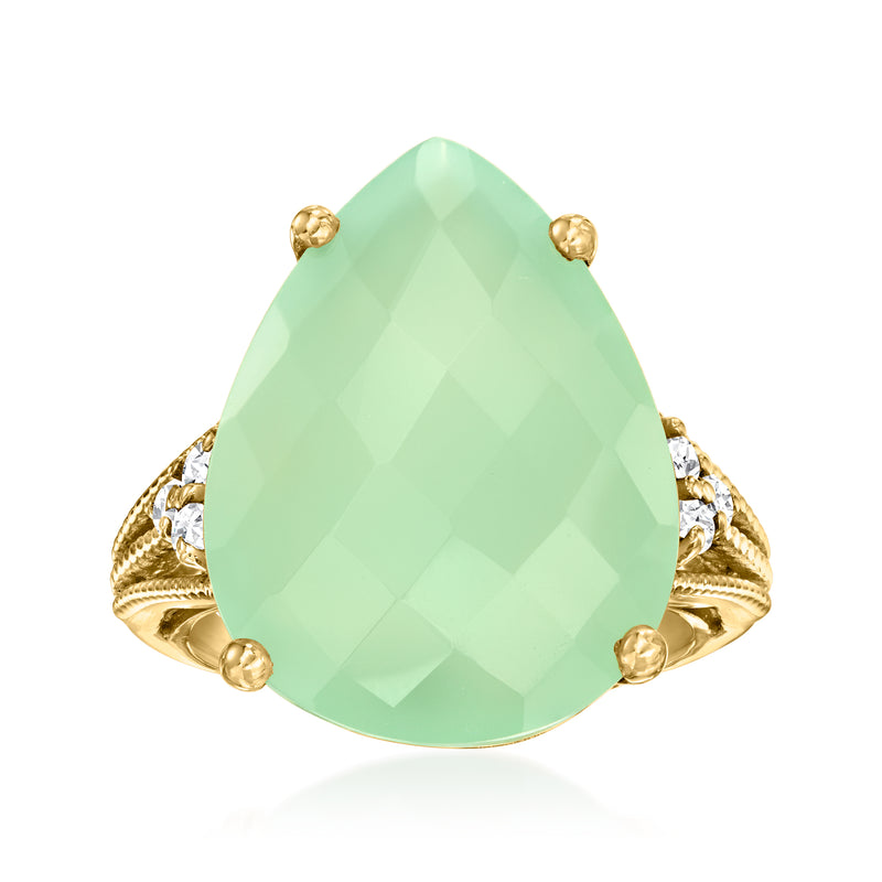 Green chalcedony pear-shaped gemstone ring with gold band and small white accents