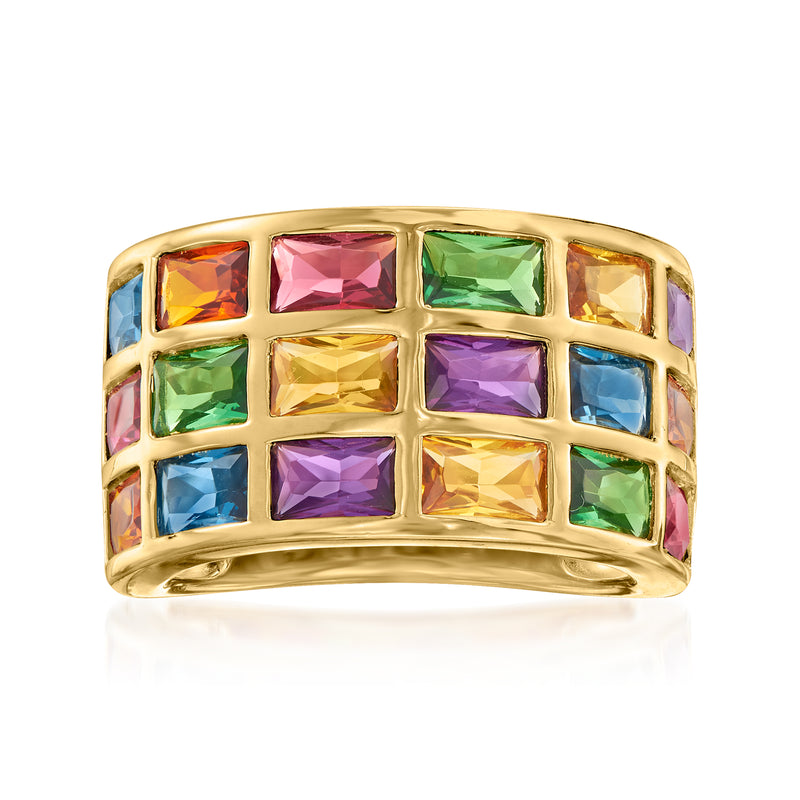Gold-tone ring with multicolored square simulated gemstones in a grid setting