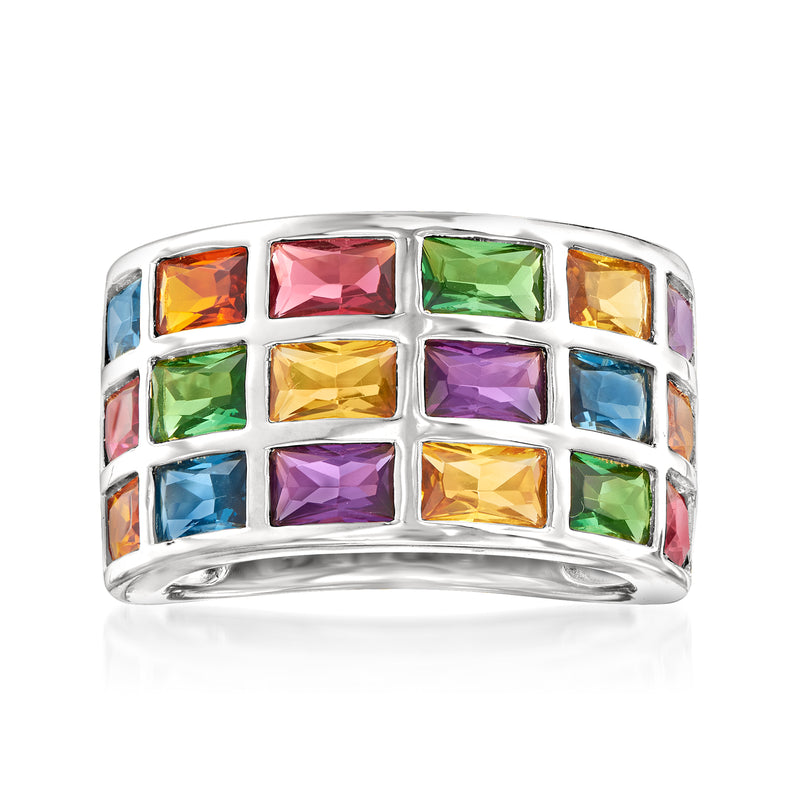 Sterling silver multicolored gemstone ring with rectangular cut simulated stones