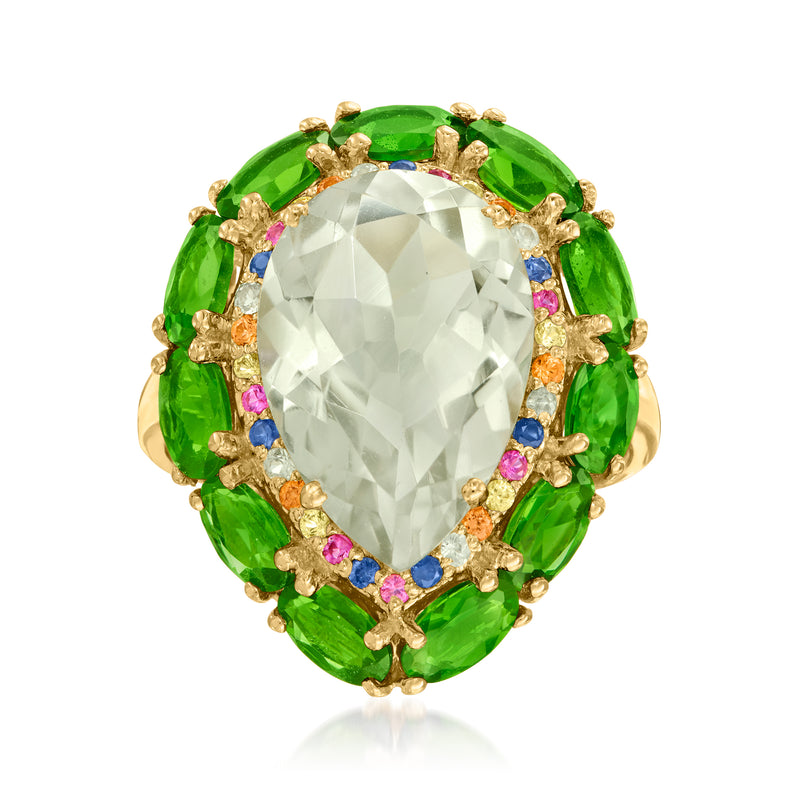 Gold-tone multi-gemstone ring with large oval clear center and green stone halo