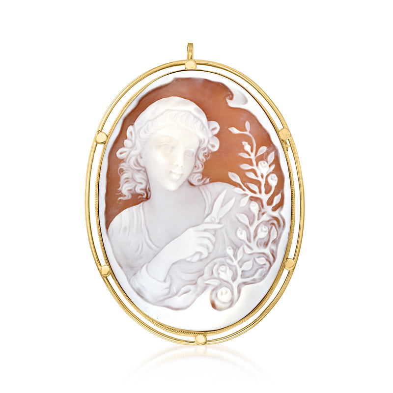 Vintage 18kt yellow gold oval cameo pendant with white profile on brown shell
