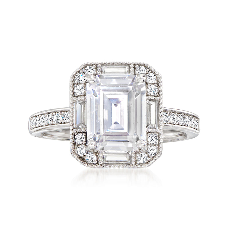 Sterling silver CZ ring with emerald-cut center stone, halo of round stones, split shank