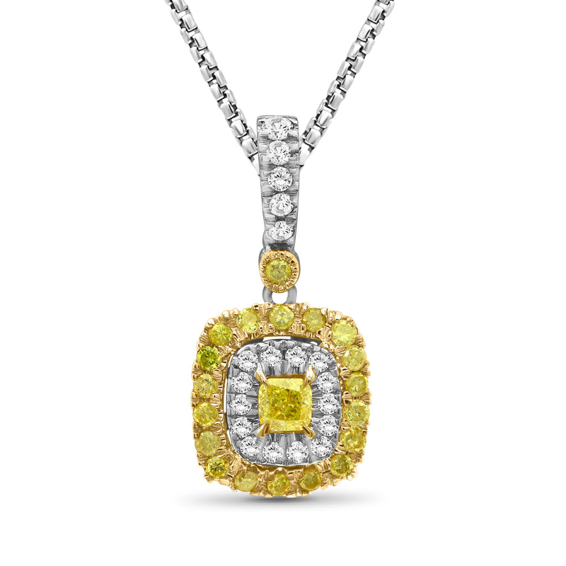 14kt white gold diamond pendant necklace with square yellow center and yellow halo