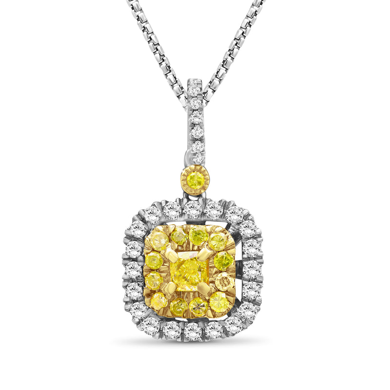 Diamond cluster pendant necklace with yellow center stone, white halo, in white gold.