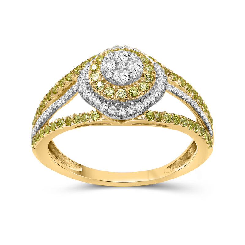 14kt yellow gold diamond cluster ring with round center and yellow/white halo details