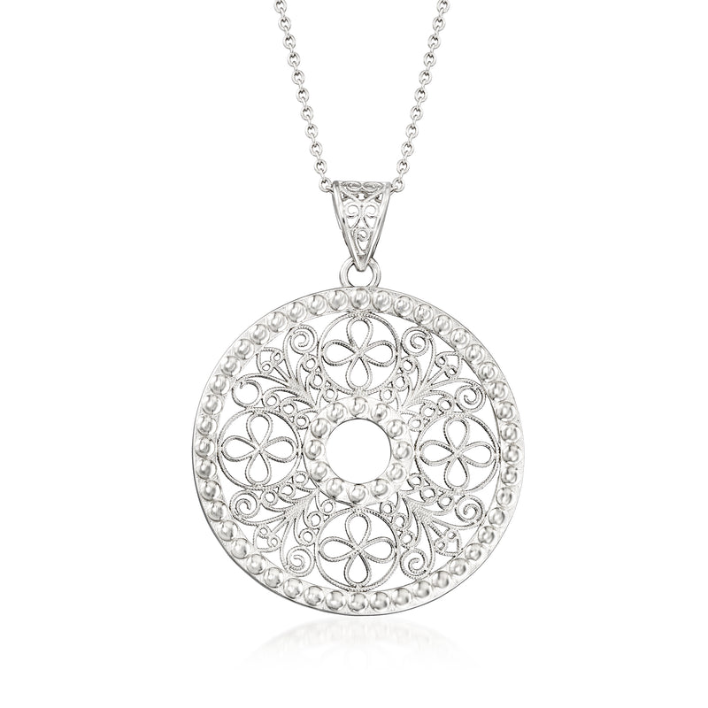 Sterling silver filigree medallion pendant necklace with circular floral openwork disc