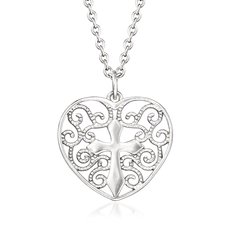 Sterling silver heart pendant necklace with center cross and filigree swirl details